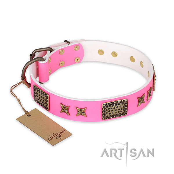 Exceptional full grain natural leather dog collar with reliable hardware