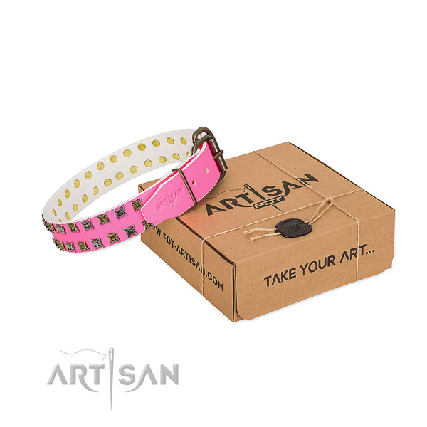 Full grain genuine leather collar with trendy decorations for your dog