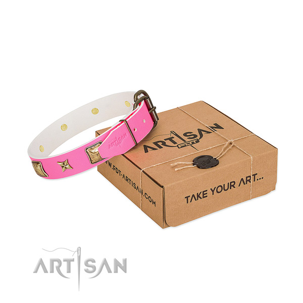 Corrosion proof D-ring on natural genuine leather dog collar for basic training